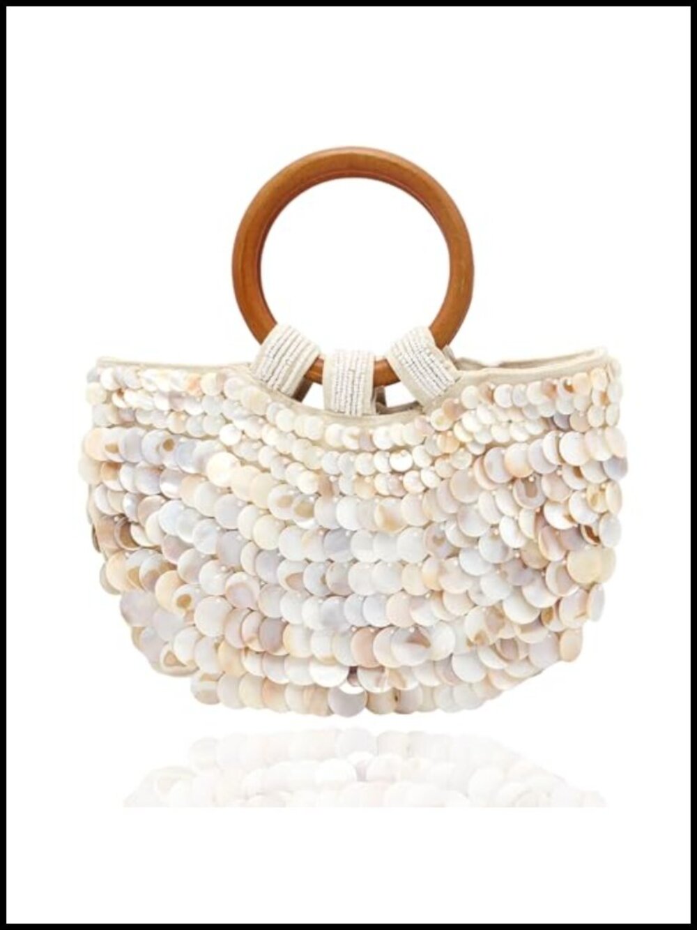 Shell Purse Handmade Seashell Beaded Clutch Wooden Top Handle
